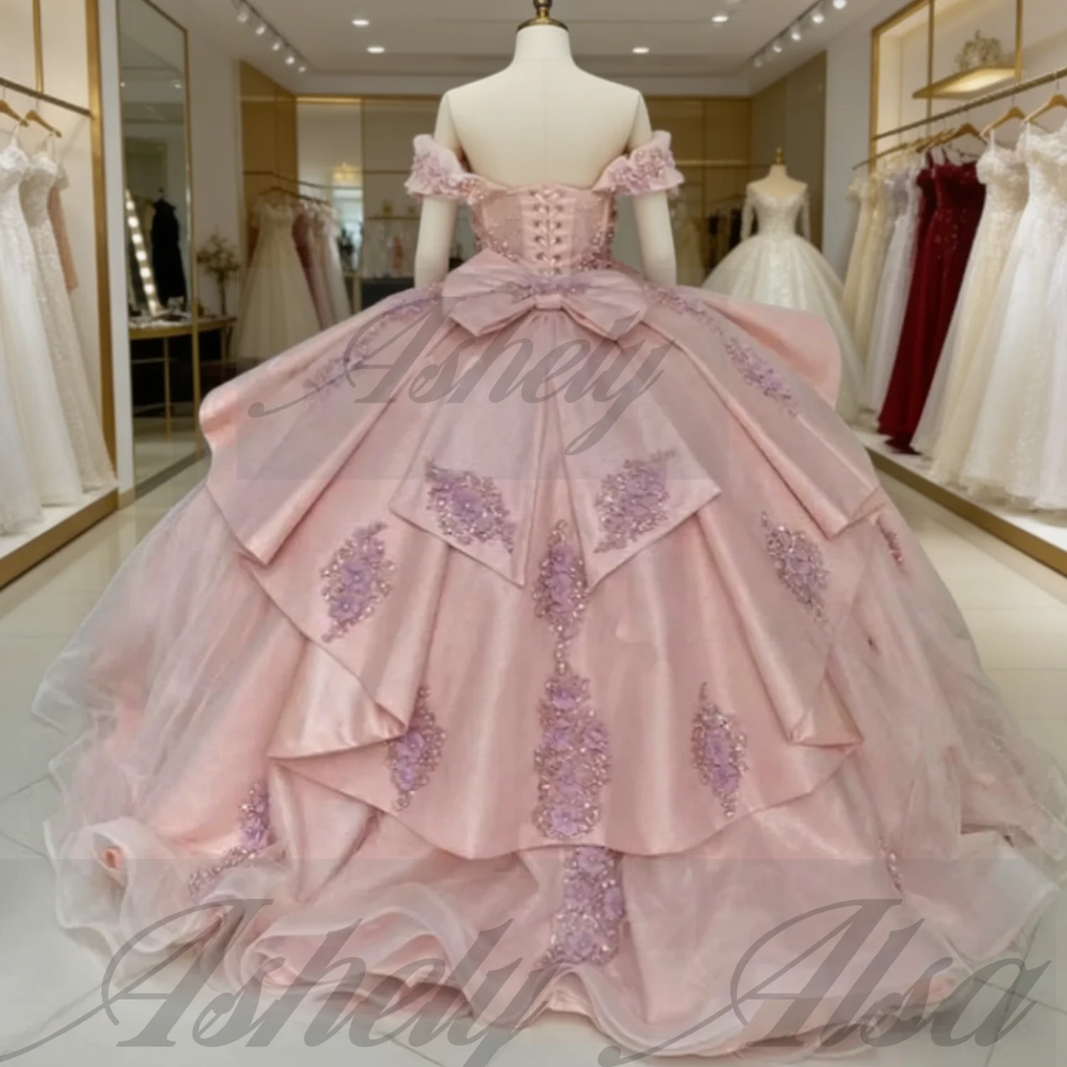 Luxuriöse mexikanische Korallen-Quinceanera-Kleider, Ballkleid, schulterfrei, Perlenapplikation, Schleife, lang, für Abschlussball, Geburtstagsfeier, 15-16-jährige Mädchen, besondere Anlässe