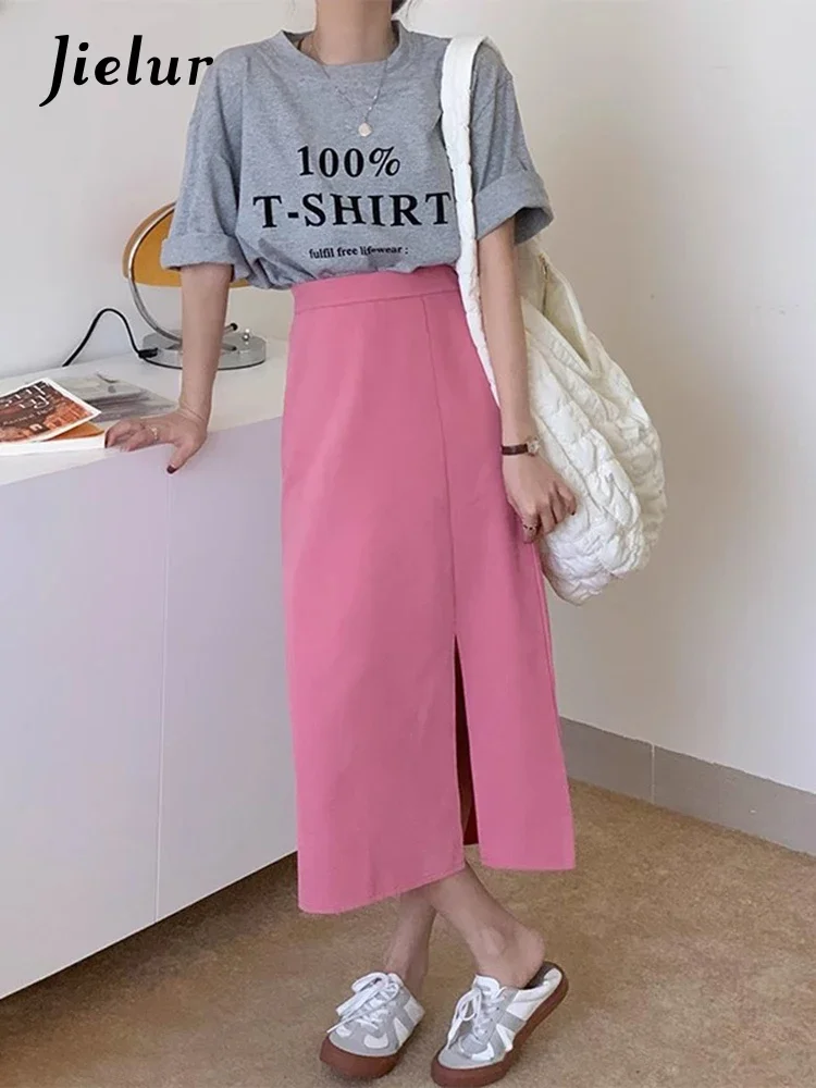 

Jielur Spring Solid Color Retro Split Half Women Skirt New Korean High Waist Sweet Versatile A-line Mid Length Women's Skirts