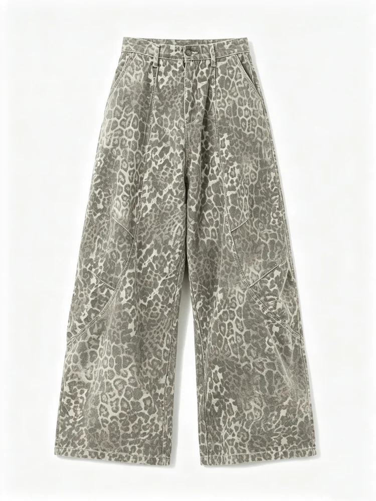 Women's Y2k Gyaru Leopard Print Jeans Vintage Hiphop Grunge Punk Oversize Jeans Pants Baggy Straight Wide Leg Denim Pants Summer
