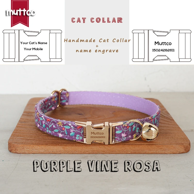 MUTTCO Retail Engraved Beautiful Flower Pattern Design Handmade PURPLE VINE ROSA collar Unique Design Cat collar 2 size UCC185