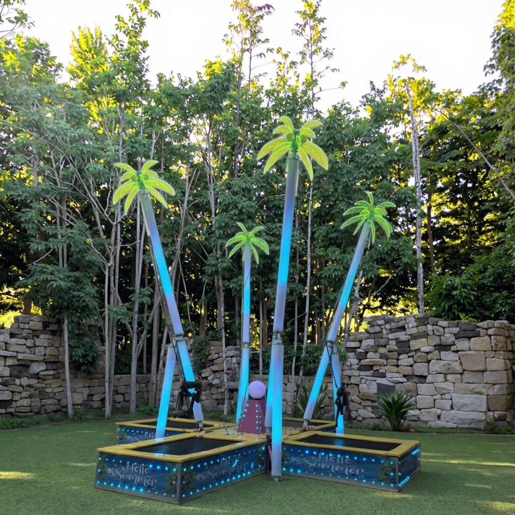 Outdoor New Design 6m*6m*5m Electric Four Person Bungee with Light Kids Four Players Light Trampoline Jumping with Coconut Tree
