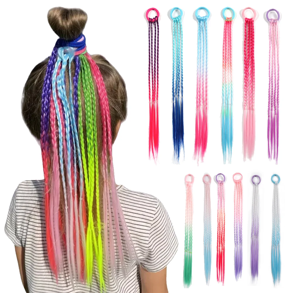 Girls' Fantasy Braided Wigs 12 Colors/12Pcs Colorful Polyester Ponytail Headbands with Rubber Bands Hair Accessories for Kids