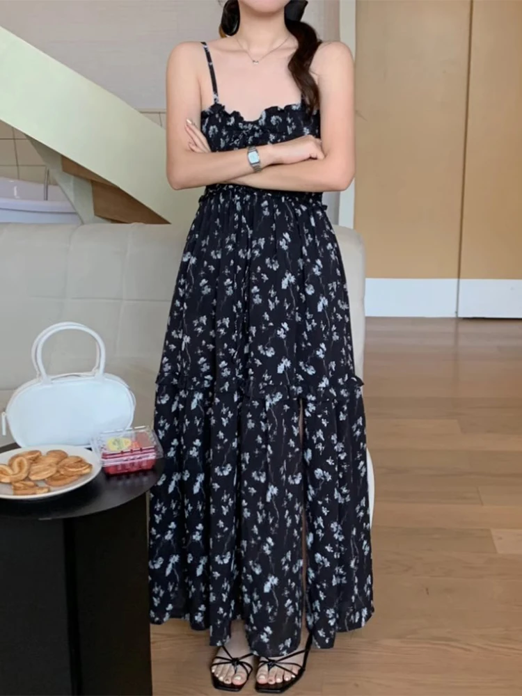 فستان صيفي أنيق عتيق ذو ياقة مربعة للتخسيس مطبوع عليه زهور فستان نسائي طويل بخصر عالٍ على الطراز الكوري