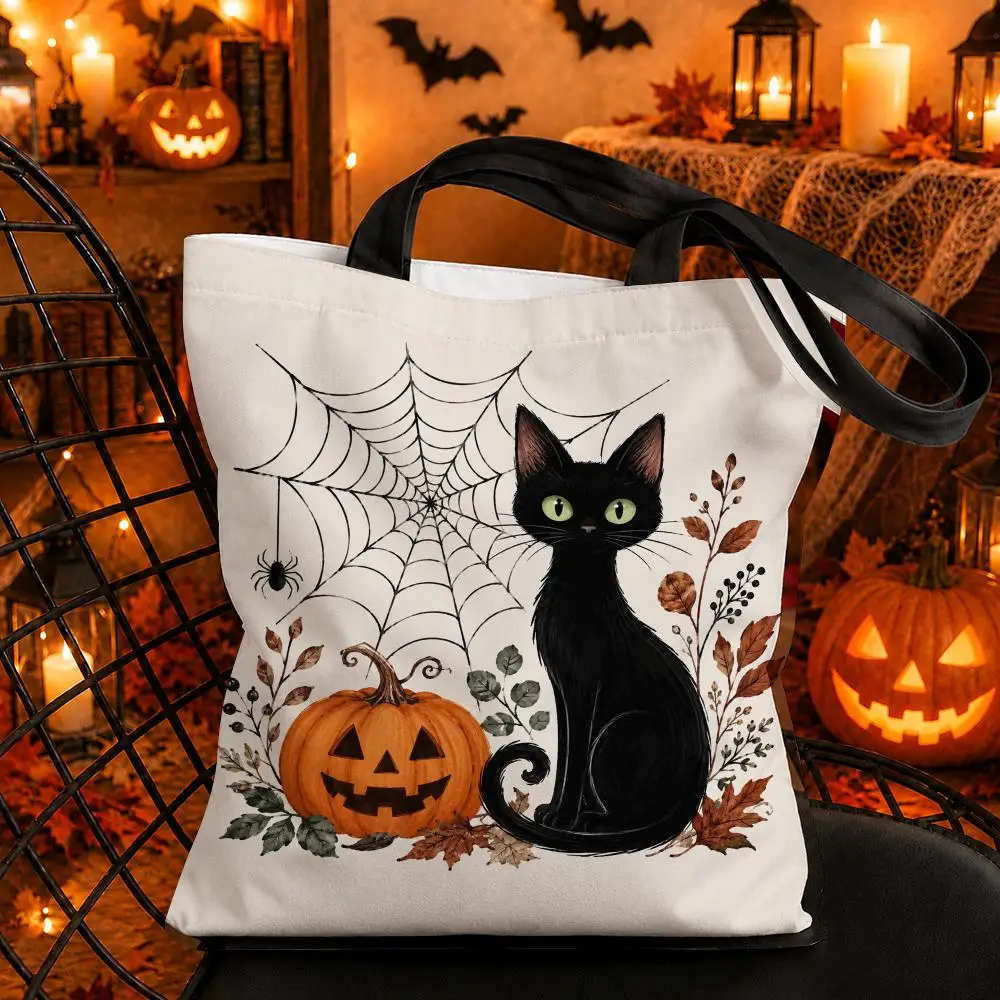 Halloween Bat Spider Storage Bags Canvas Tote Bag Double-Sided Print Durable Shoulder Handbag for Festival Party Gift