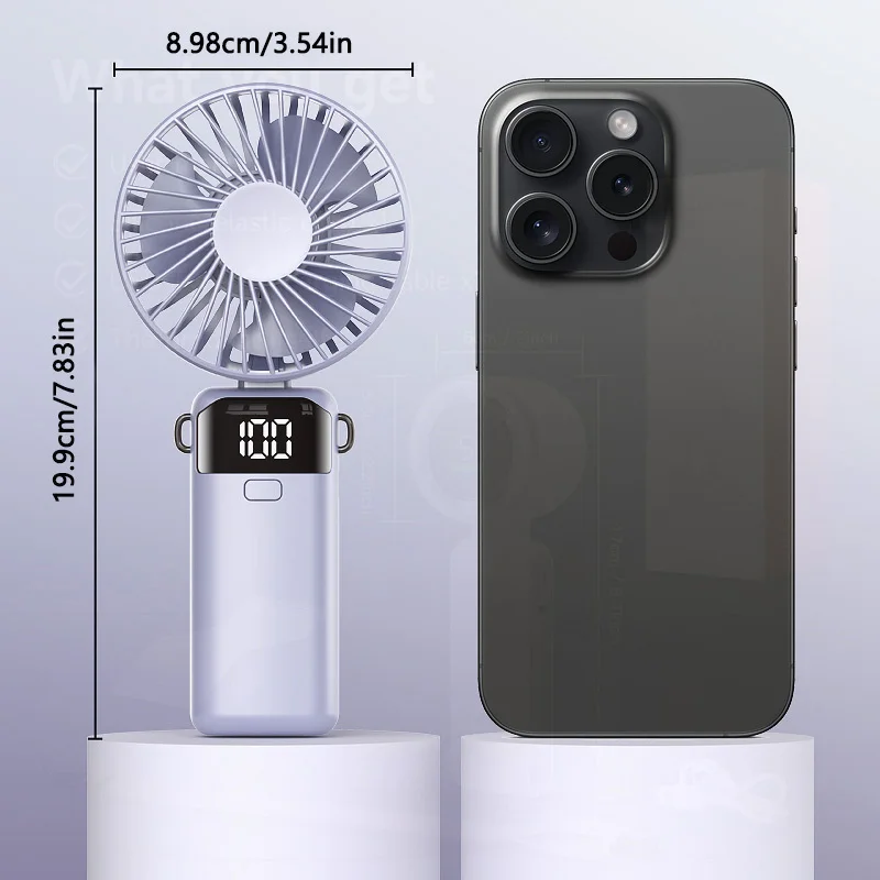 Mini Handheld Fan - USB rechargeable, portable, foldable design, 5-speed adjustable LED display, suitable for indoor, outdoor, office, and travel use.