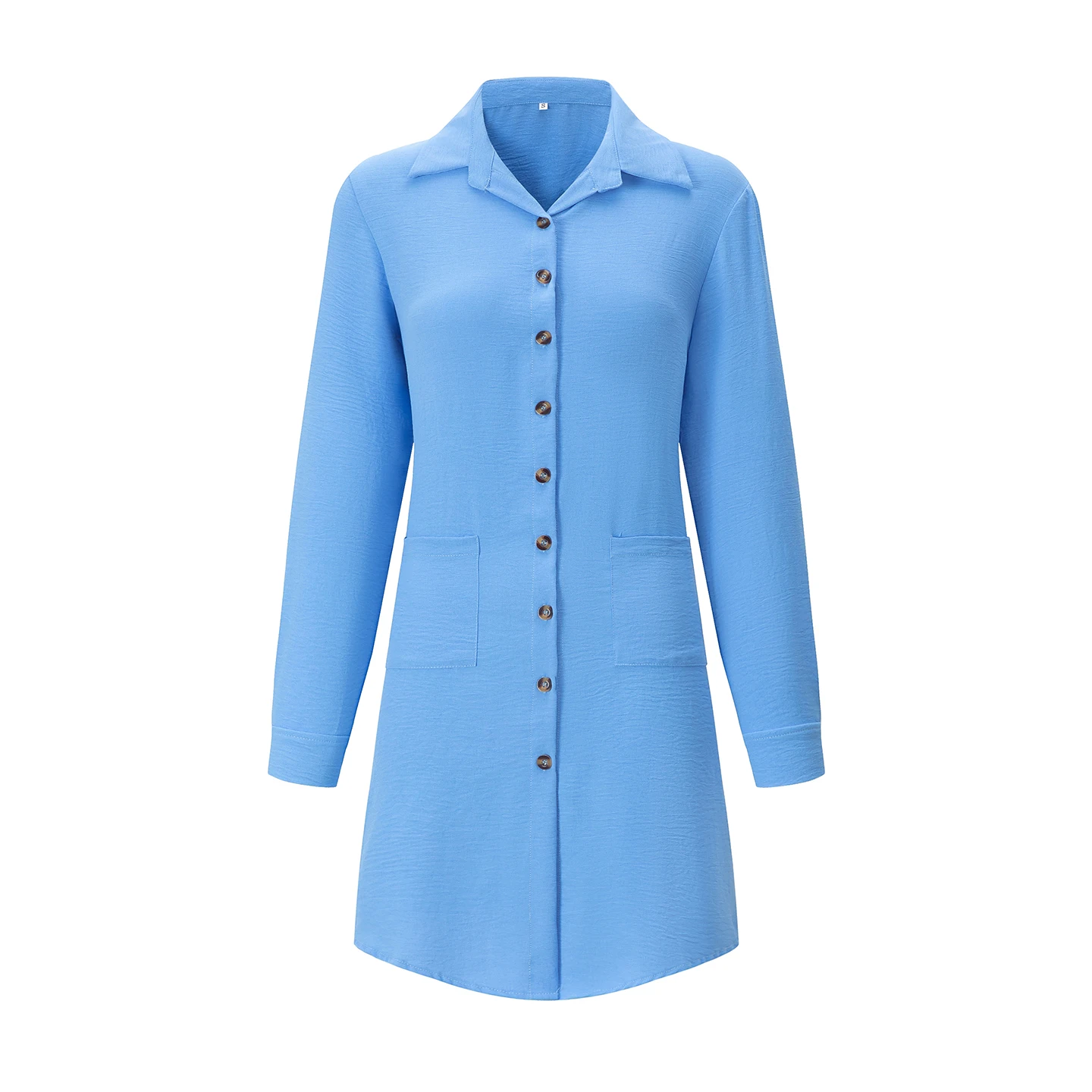 Frühling Sommer Damen Hemdkleid mit Umlegekragen, Locker Geschnittenes Übergroßes Midi-Kleid mit Knopfleiste und Seitentaschen, Lässiges Strandkleid – Detail 16