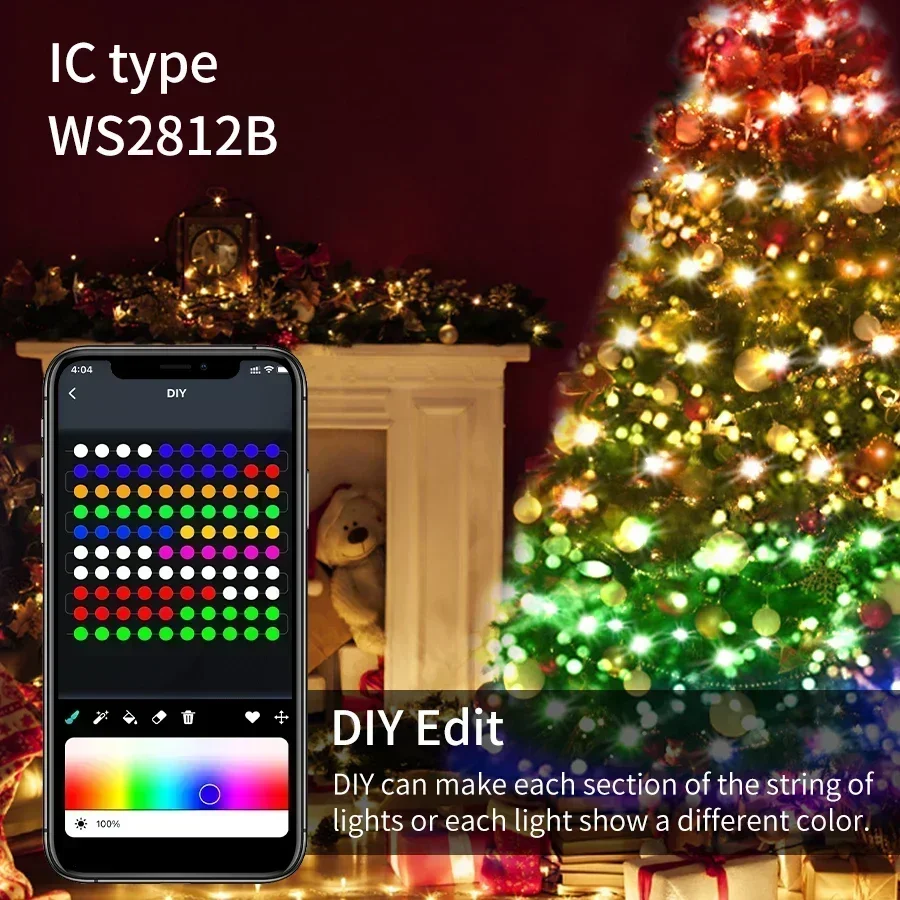 WS2812B RGBIC LED String Light RGB Fata Luci natalizie Bluetooth USB 5V indirizzabile individualmente APP musicale Colore da sogno