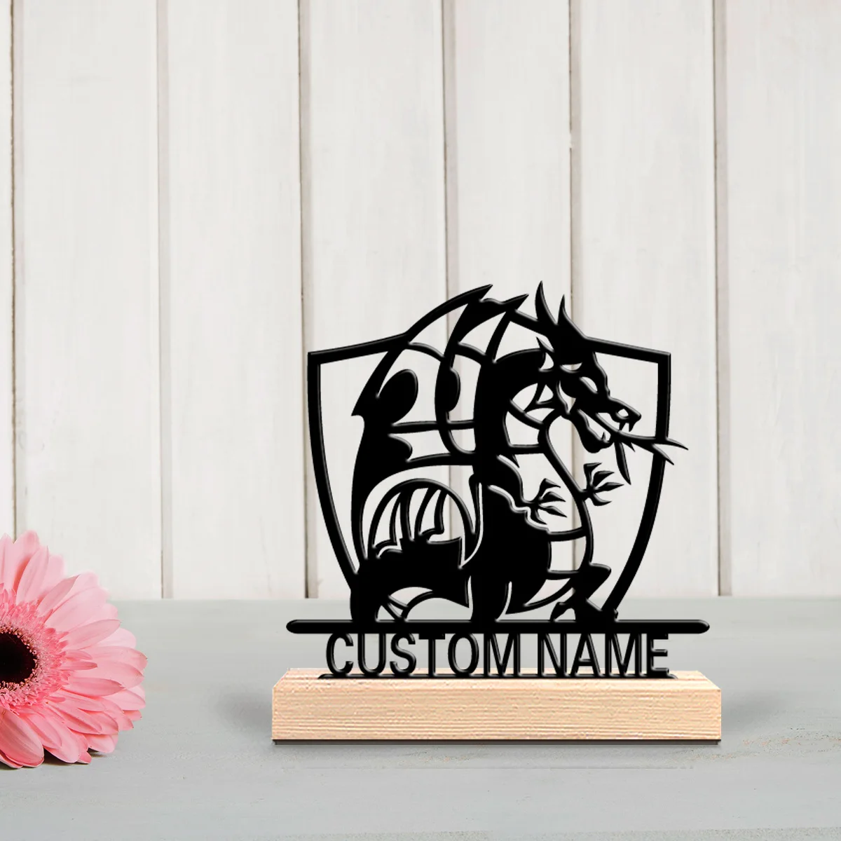 1pc shield dragon Personalized Letter Metal Statue Iron Ornament With Wood Base Tin Ornament With Wood Base For Girl Gifts