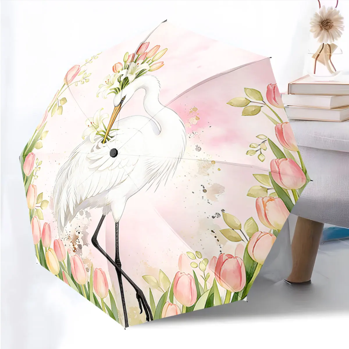 1PC Elegant Crane Umbrella with Floral Design Print 8 Iron Ribs Folding Umbrella Auto-Open Fashion Sunshade