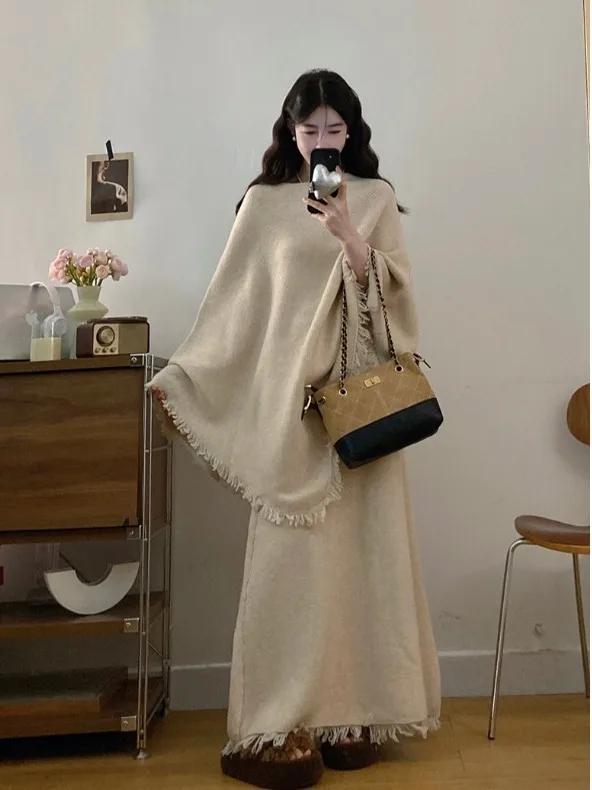 

plus Size Women's Lazy Sle Fringed on Coat Knitted High Waist Skirt Autumn Winter New Faion Trend Two Piece...