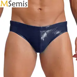 Mens Metallic Shiny Swimsuit Briefs Panties Drawstring Elastic Waist Contour Pouch Bikini Underwear Bodybuilding Underpants