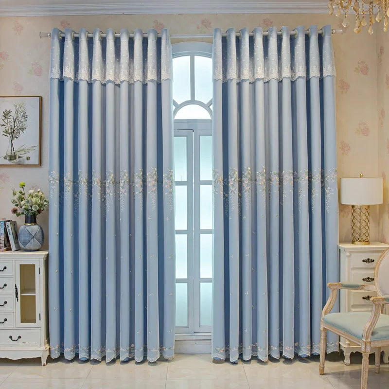 Simple Princess Style Embroidered Curtains for Living Dining Room Bedroom Luxury Blackout Blue Pink Curtain Double Layer One