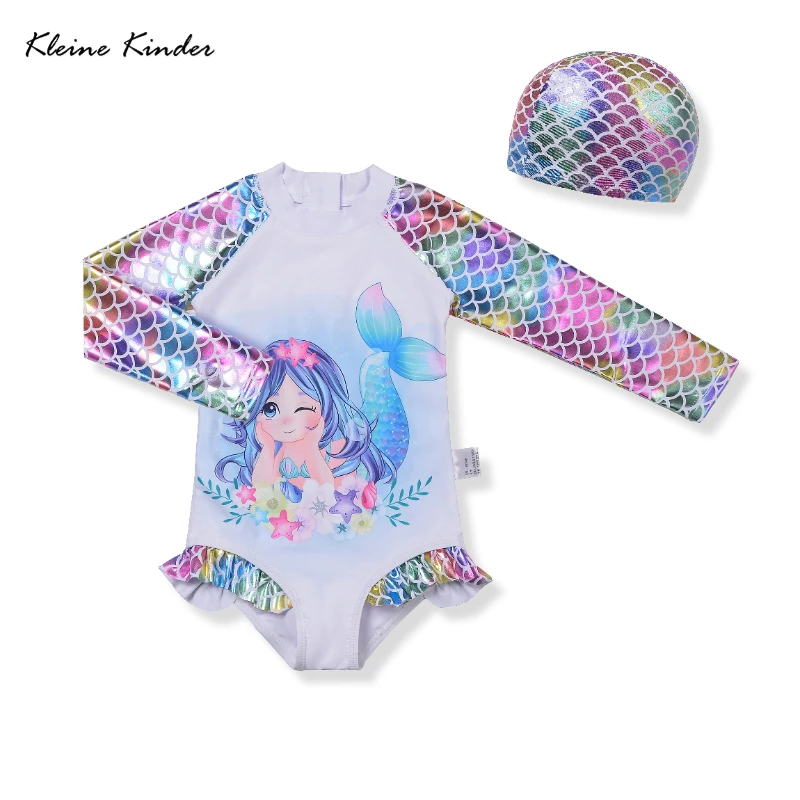 Baby Girl Swimwear Long Sleeve Kids Swimsuit for Toddler Girls 1-Piece Mermaid Children Swimming Bathing Suit Toddler Rash Guard