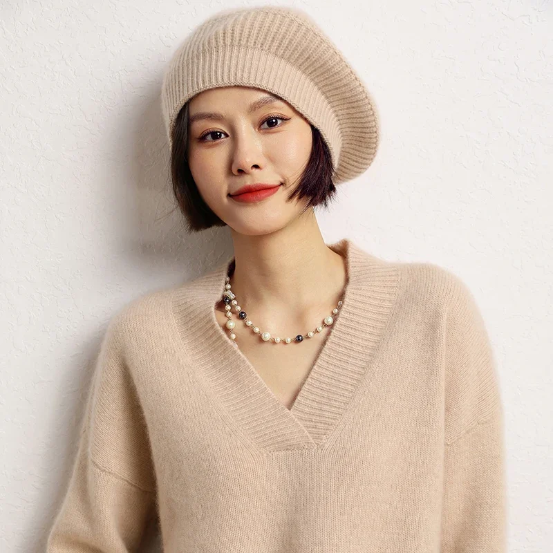 High-grade Winter Beret Hat For Women Knitted 100% Pure Cashmere Hat Autumn Lady New Cashmere Cap Women Caps Women Berets