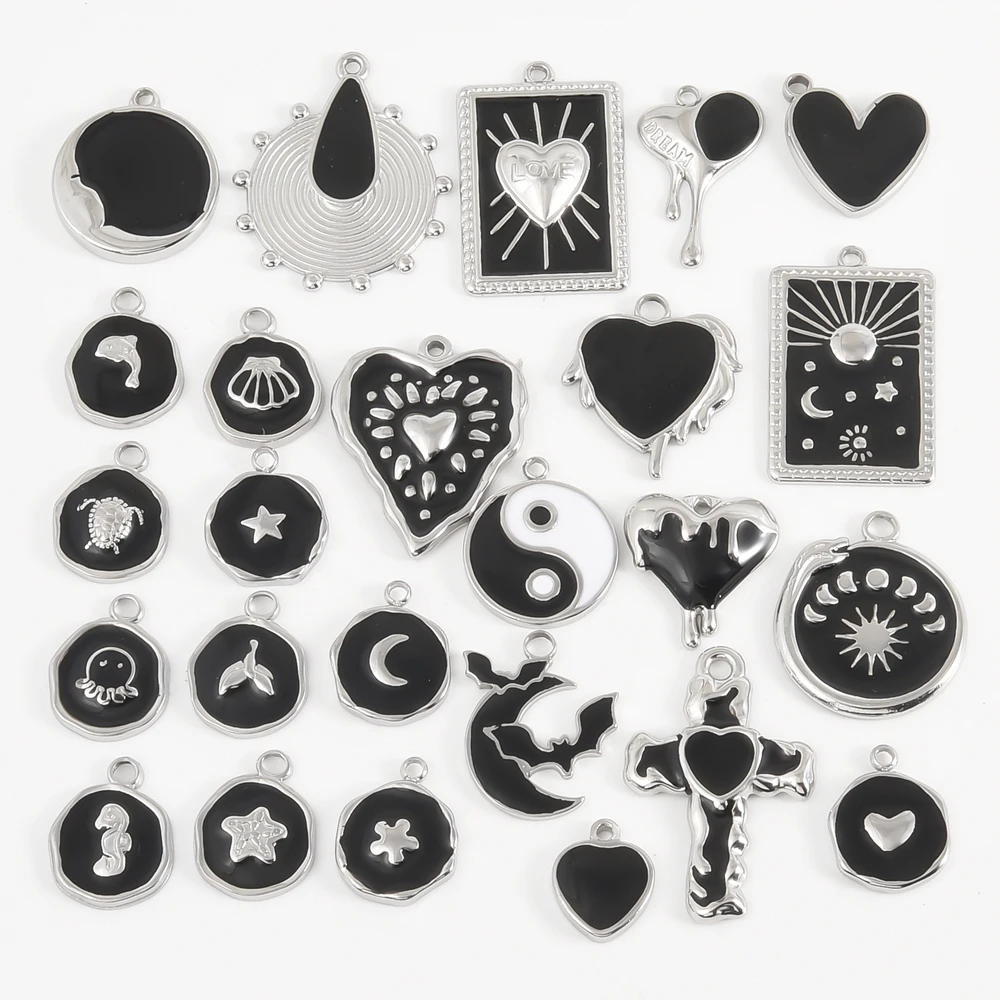 3pcs Silver Color Black Enamel Charm Stainless Steel Sun Heart Animal Pendants For Jewelry Making Supplies DIY Necklace Earrings