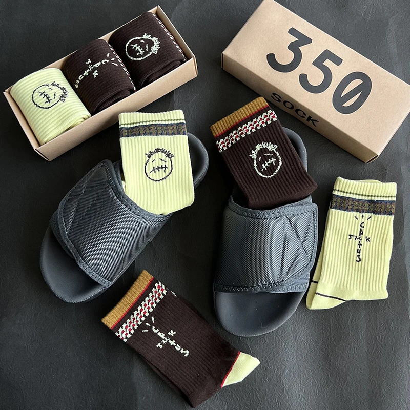 Herrensocken 3 Paar/Box Cactus Jack Socken Baumwolle Sport Hip Hop Basketball Skateboard Braun/Gelb Sockken Großhandel Herren Geschenk – Detail 3