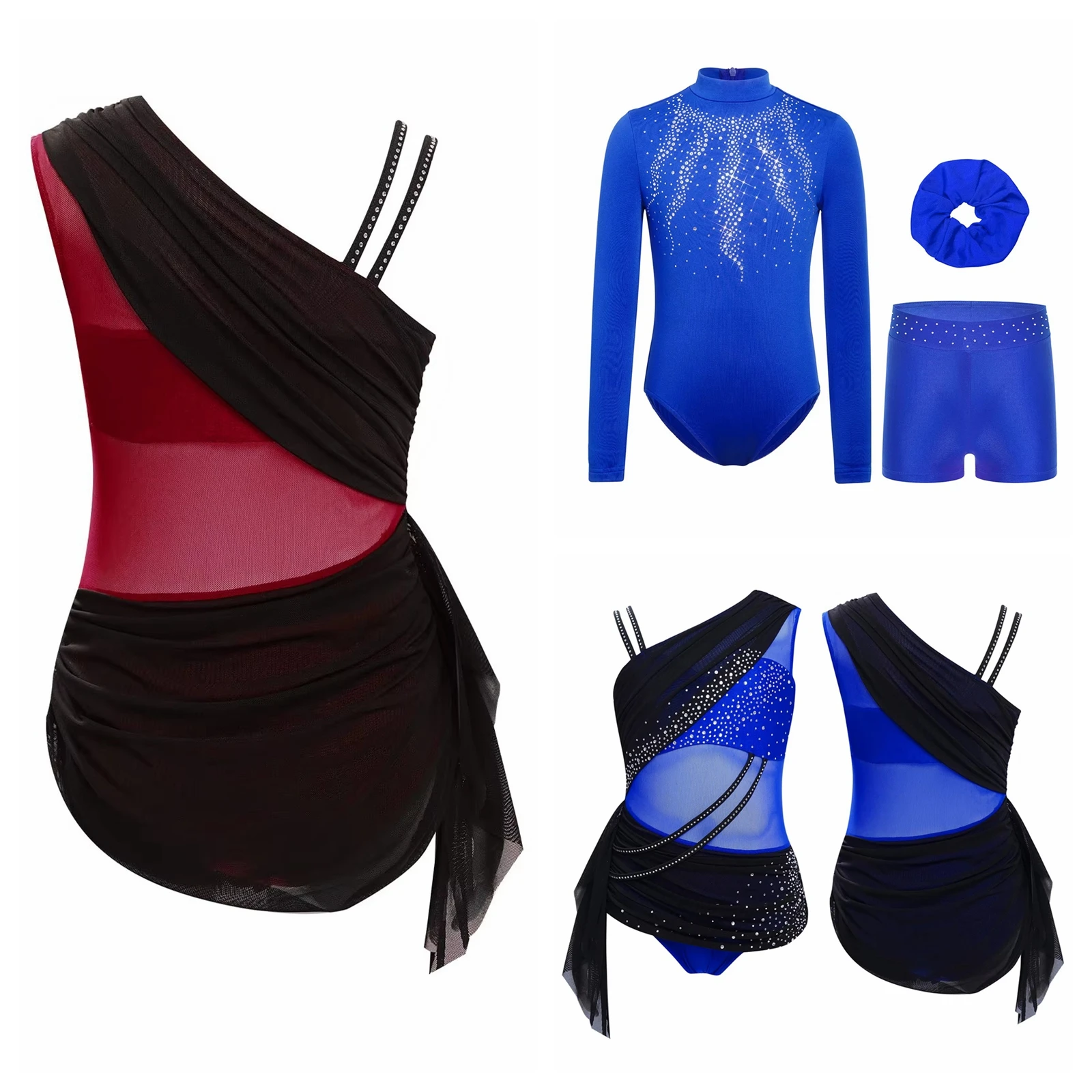 

Kids Girls Skating Leotard Dancewear Sheer Mesh Bodysuits Rhinestones Ballet Gymnastics Jumpsuit Childs Lyrical Dance Costume