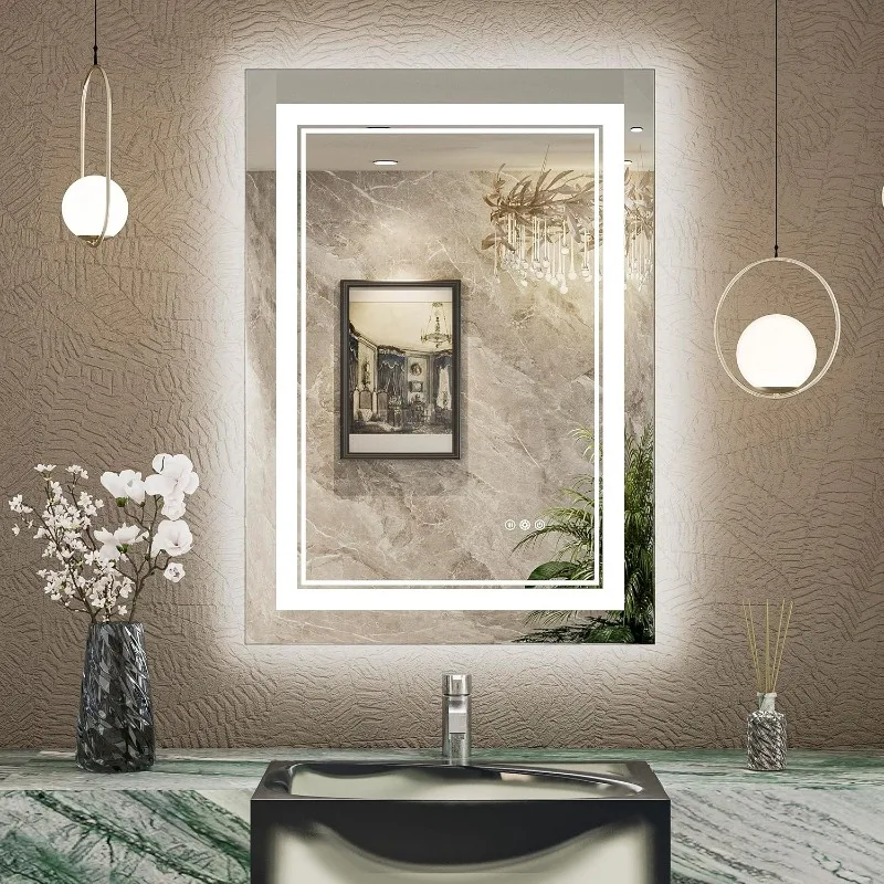 Lighted bathroom vanity mirror 3-color stepless dimming, anti-fog LED bathroom mirror backlight and front light separate control