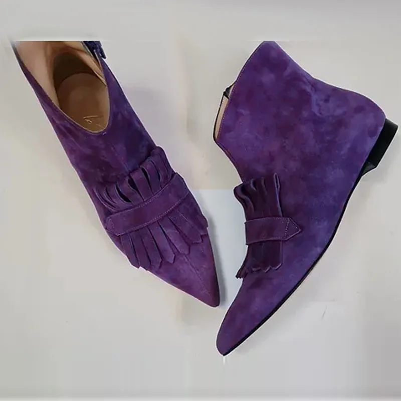 Faux Suede Tassels Trim Zipper Pointy Toe Purple Flat Boots 2024 New Autumn Winter Women Boots Shoes