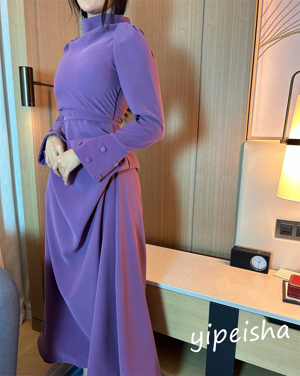 Gaun bola Arab Saudi Prom Satin kancing A-line kerah tinggi Bespoke gaun acara gaun Midi