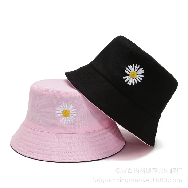 Daisy Embroidery Bucket Hats for Women Men Double-Sided Hip Hop Panama Caps Children Summer Fishing Streetwear Bob Fisherman Hat