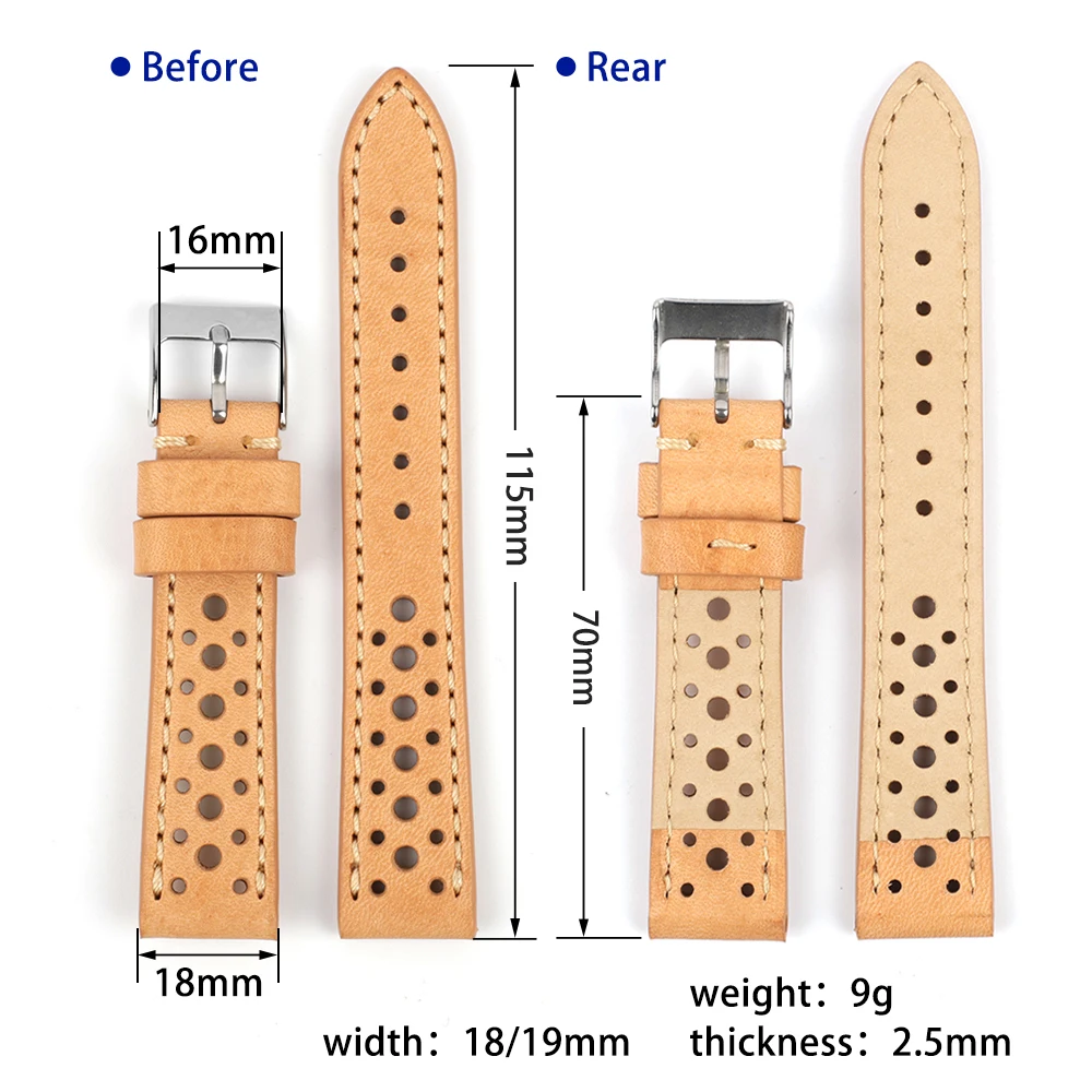 Genuine Leather Breathable Porous Watch Band 18mm 19mm 21mm 20mm 22mm Vintage Cowhide Watch Strap Replacement Bracelet Belt
