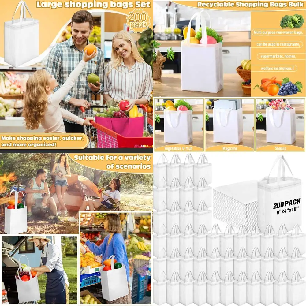 

Reusable Tote Bags Bulk, 200 Pack, 8x4x10 Inch, Non-Woven Shopping Bags with Handles, White