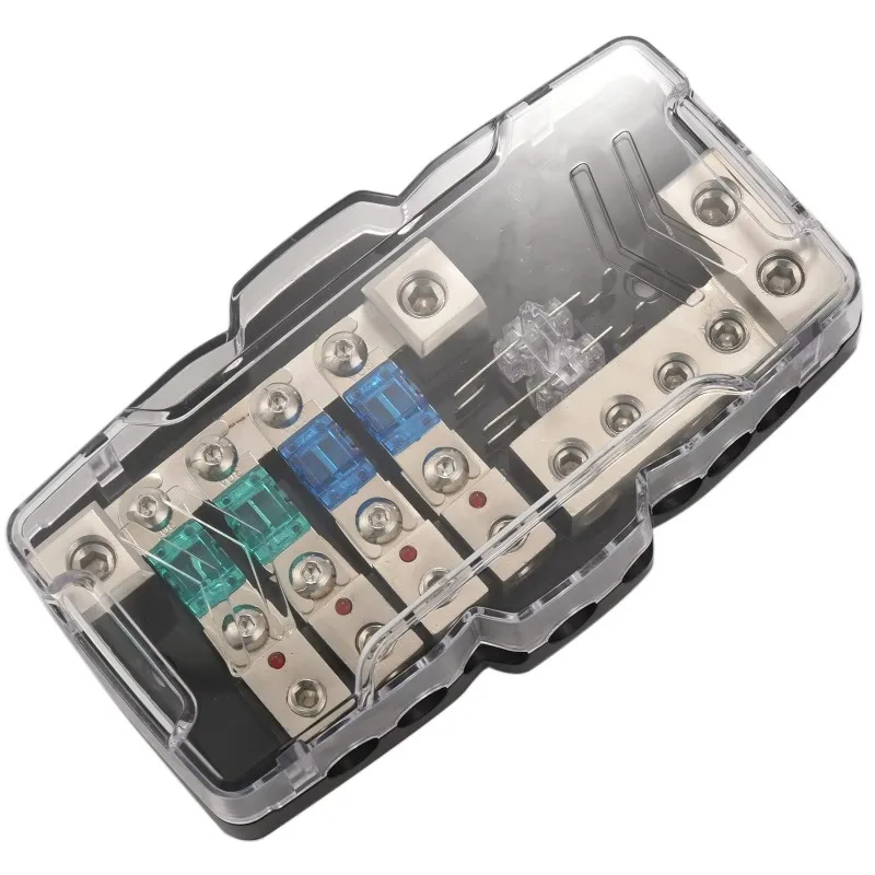 1 juego de bloque de distribución de energía, bloque de distribución de energía con fusibles para sistemas de audio de automóviles, bloque de fusibles MIDI de 4 vías para sistemas de sonido de automóviles, vehículos todoterreno, embarcaciones y amplificadores LED.
