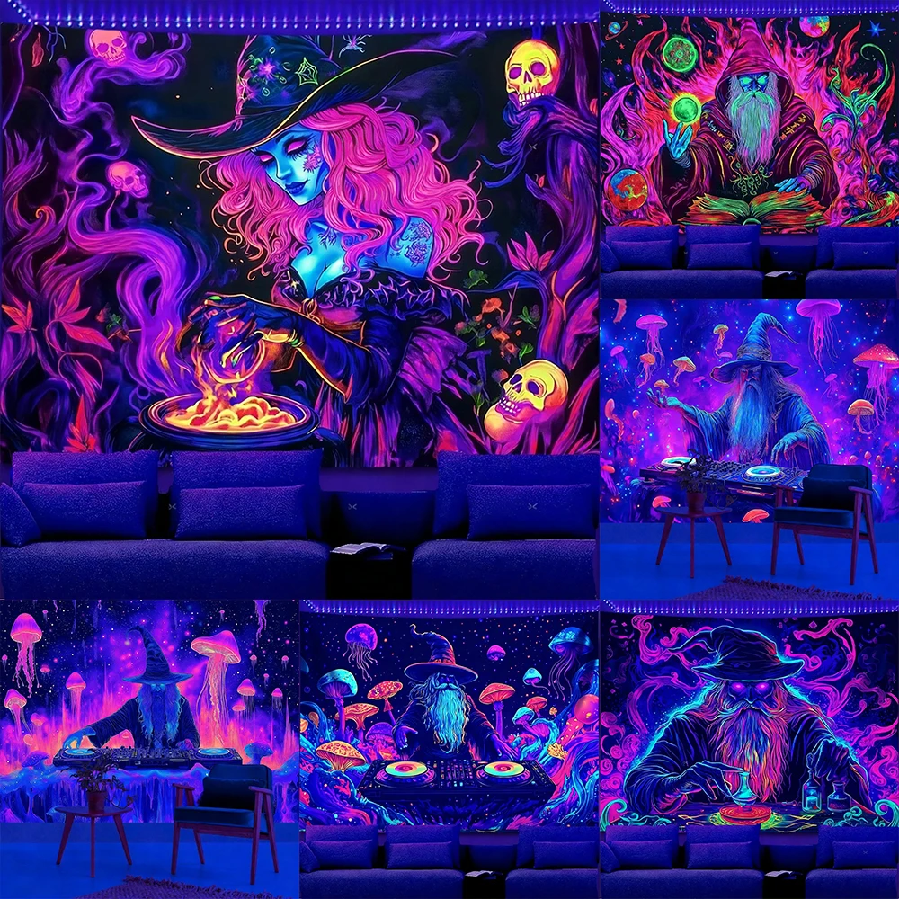 

Glow-in-the-Dark Witch and Wizard Tapestry UV reaction tapestry background decoration wall hanging bedroom party decoration