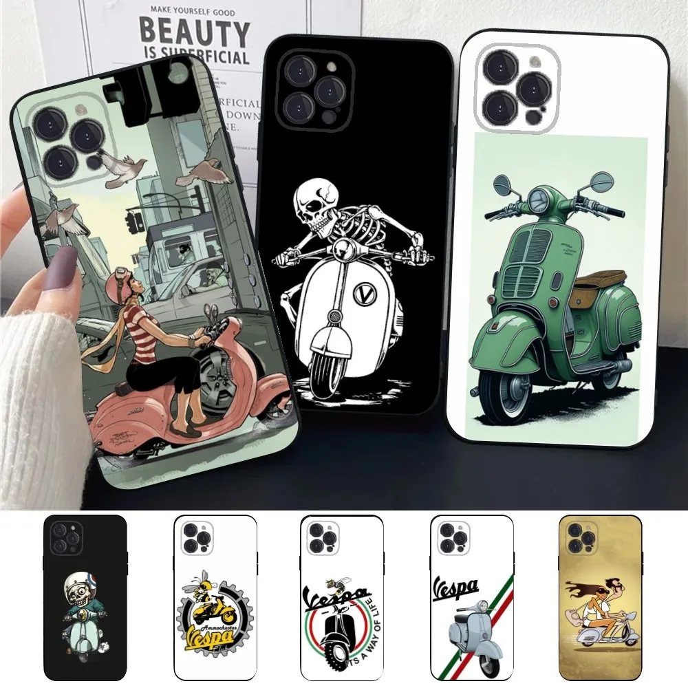 V-Vespa Scooter Cartoon Phone Case For Apple iPhone 15,14,13,12,11,XS,XR,X,8,7,Pro,Max,Plus,mini Silicone Black Cover