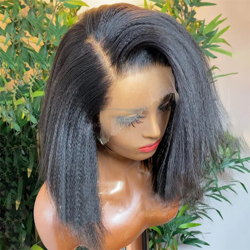 

Yaki 16Inch Short Bob Glueless Kinky Straight Natural Black Lace Front Wig For Women With Baby Hair Synthetic Preplucked Daily