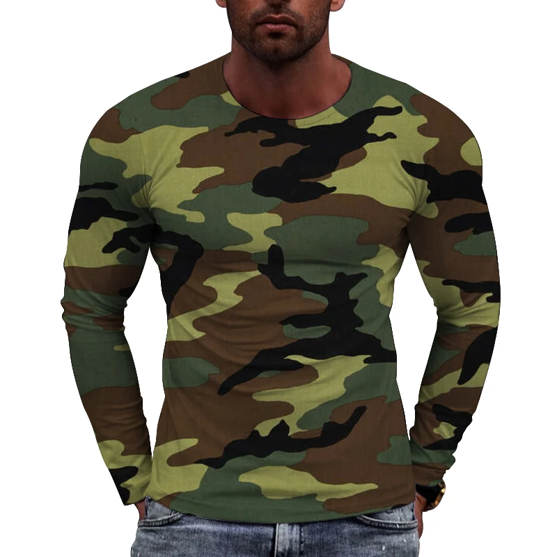 New European Camouflage Picture Men long sleeved T-shirt Casual Printed Tees Hip-hop Personality Round Neck Quick-Dry Tops
