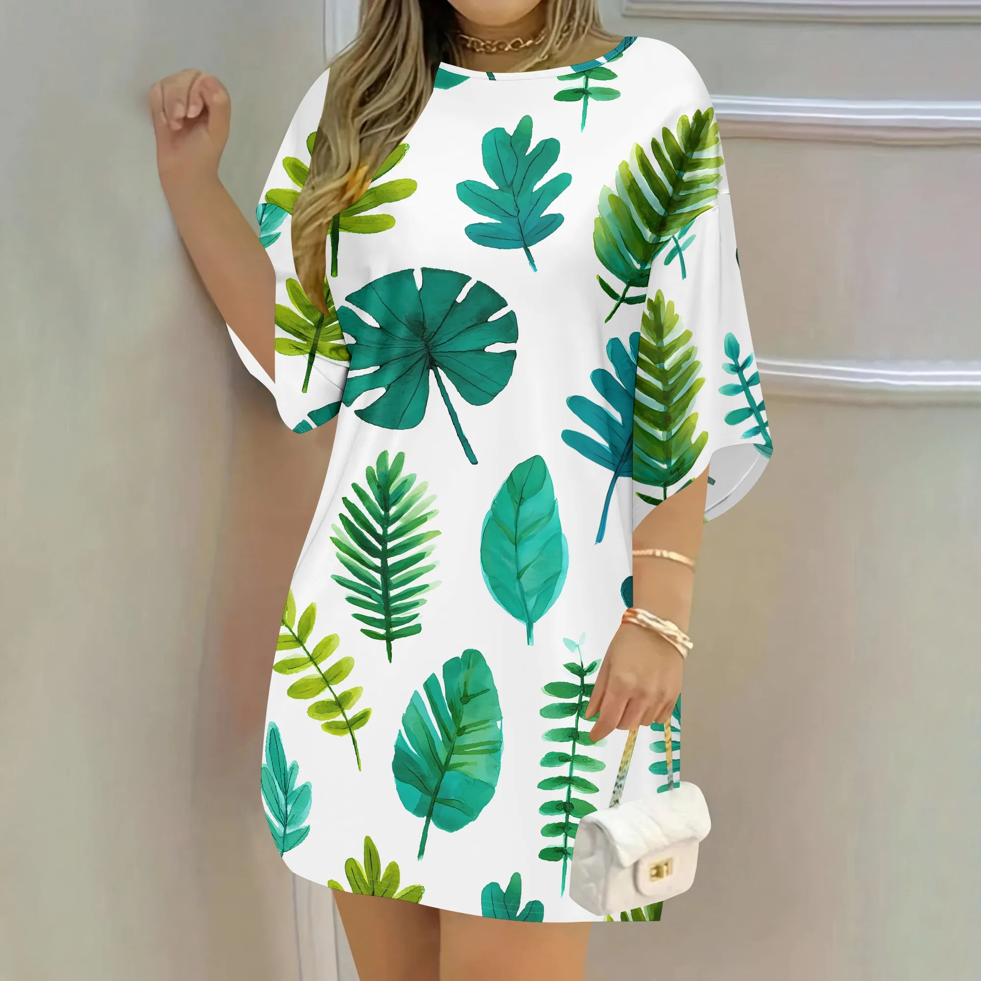 Tropical Leaf Print T-Shirt Dress, Green Botanical Pattern Short Sleeve, Casual Summer Vacation Beach Wear, XS-3XL