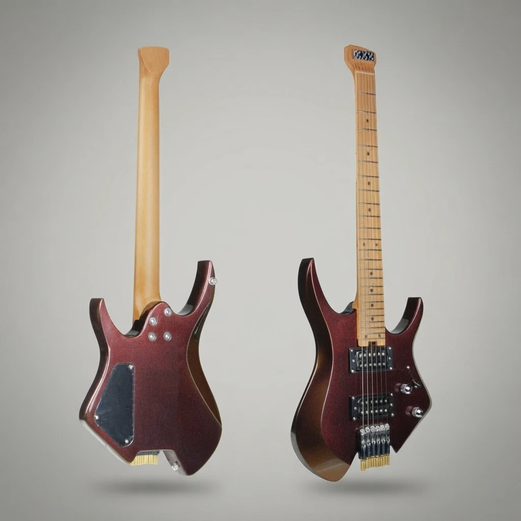 Headless Electric Guitar 6 Strings, HH Pickups, Double Cutaway, Maple Neck, 3 Chameleon Colors, Gloss Body for Beginners