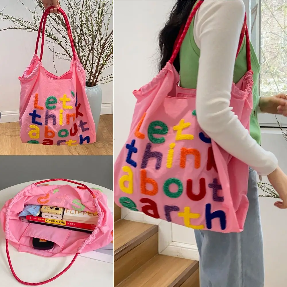 Letter Embroidery Shopping Bag Durable Japanese-style Tote Large Capacity Handbag Travel Shoulder Bag