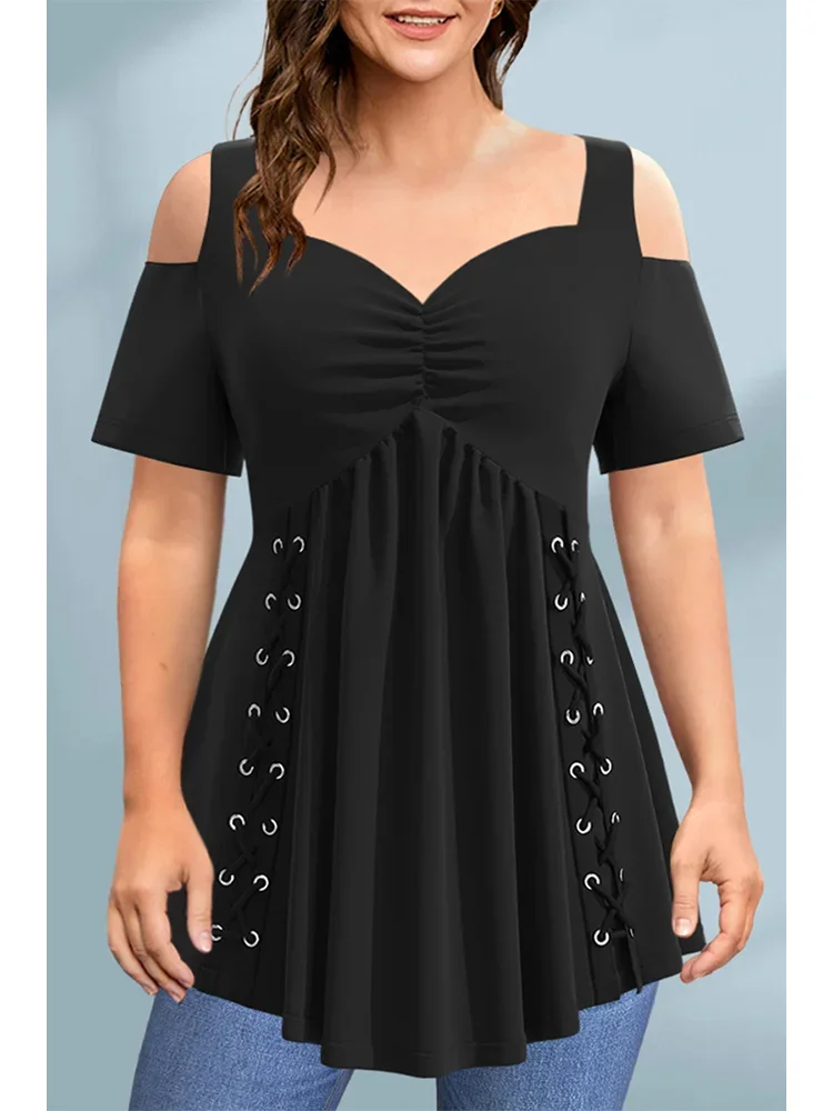 Women Plus Size Off the Shoulder T shirt Casual Black Cold Shoulder Pleated Metal Eyelet Washer Short Sleeve Summer A-Line Top