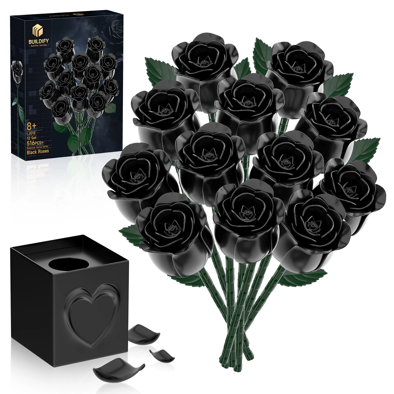 

12 Black Rose Bouquet Building Block Set | Unique Design, Premium Elegant Gothic Style | Gothic Home Decoration & Artificial Flo