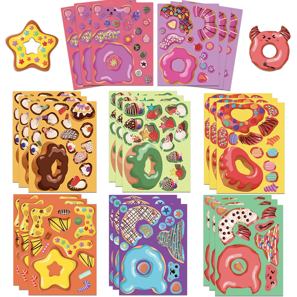 8/16Sheets Donut Stickers Colorful Animal Cake Food Cartoon Stickers Waterproof Sticker Decals for Cake Bread Baking Stick Label