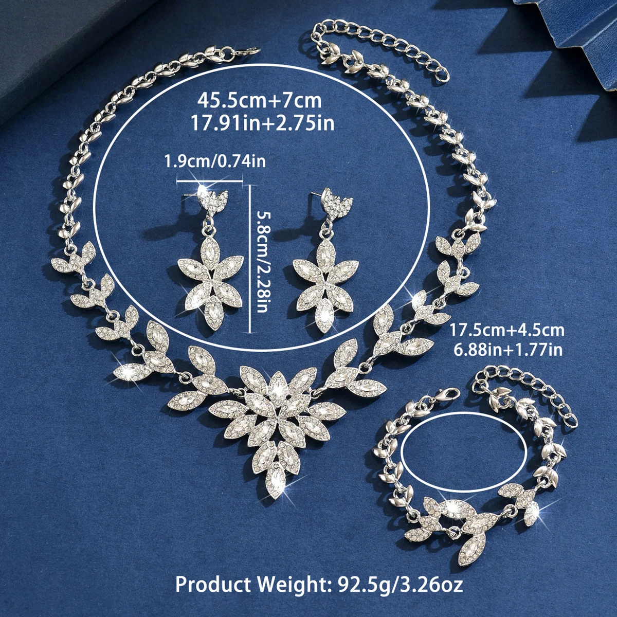 Light Luxury Sparkling Diamond Flower Leaf Set V-Neck Necklace Earrings Bracelet Dinner Party Dress Accessories