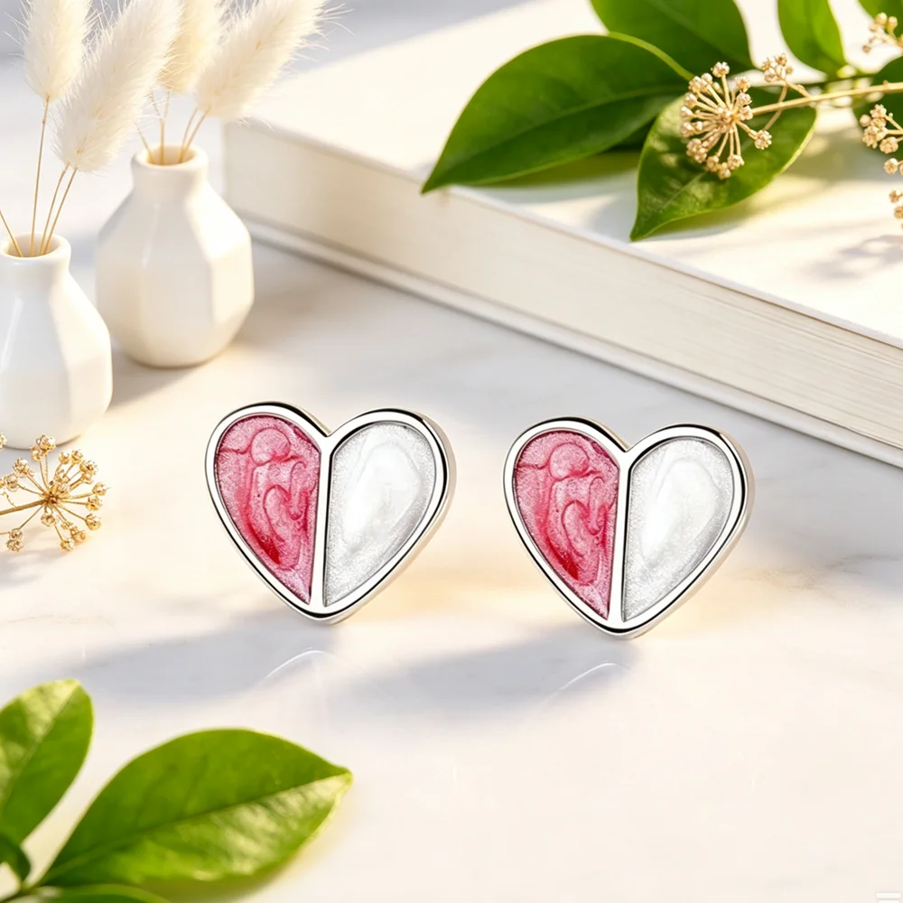 Sweet Heart Romantic Statement Stud Earrings For Women 925 Sterling Silver Half Red Color Half White Fashion Earring