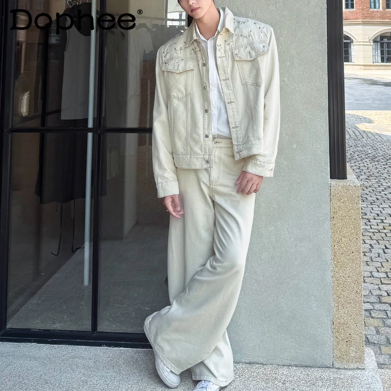 

2025 мужские осенние новые модные комплекты, мужские дизайнерские свободные джинсовые куртки с прямыми штанинами, шикарные комплекты из двух предметов