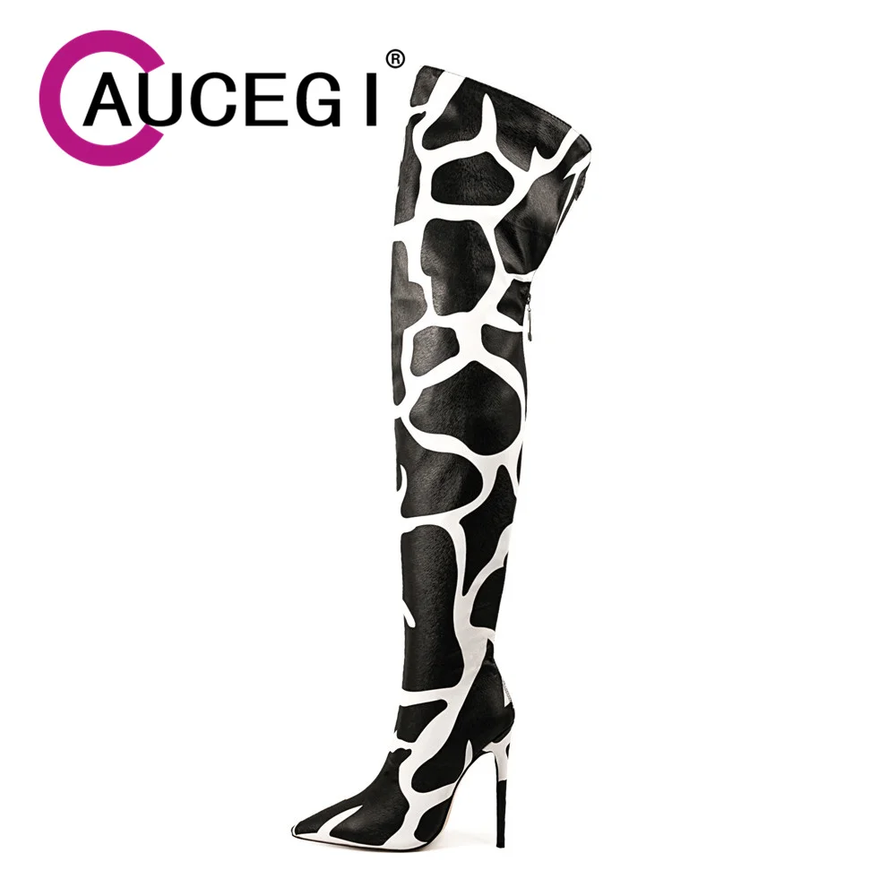 

Aucegi Nightclub Sexy Mature Quality PU Leather Thigh High Boots New Design Women Pointed Toe Party Dress Shoes Large Size 35-47