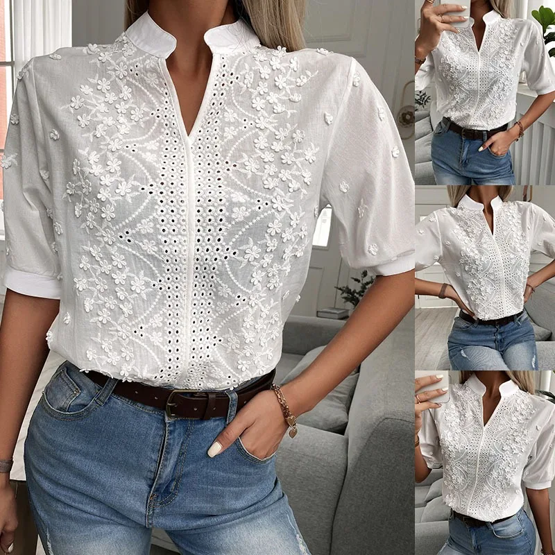 Summer Fashion Stand Up Collar Embroidered Hollow Temperament Five Sleeve Versatile Top White Casual Pullover  Lace Blouse 24350