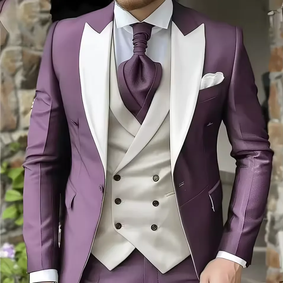 

Elegant men suit 3pcs jacket vest pants set purple peak lapel blazer custom tuxedo for wedding groom Easter birthday party dress