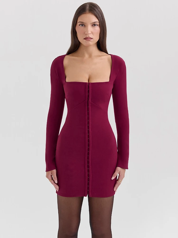 JULISSA MO Sexy Square Collar Zipper Women Mini Dress Long Sleeve High Waist Dress Female Winter Slim Elegant Party Club Outfit