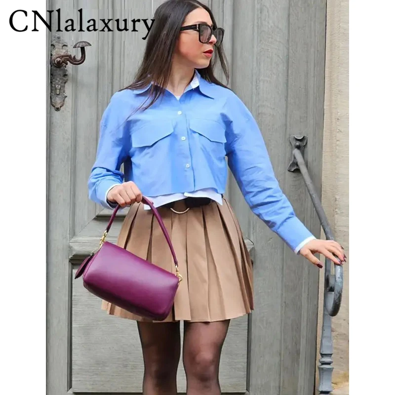 CNlalaxury Summer Woman New Stripes Shirts With Pocket Loose Casual Long Sleeve Crop Tops Female Vintage Overiszed Blouse Chic