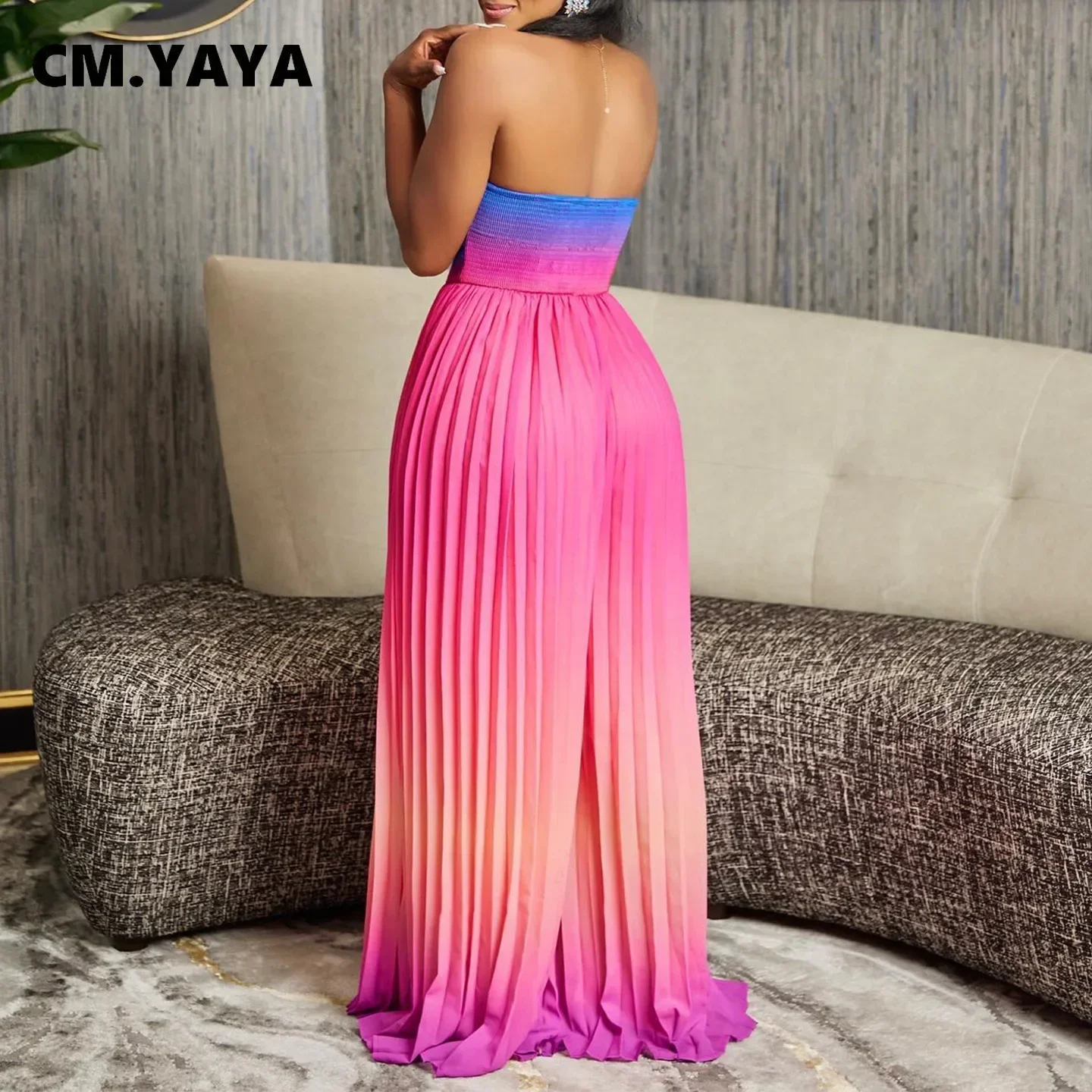 CM.YAYA Women Gradient Sleeveless Pleated Strapless Wide Leg Long Jumpsuits 2024 Summer Beach Fashion Street Sexy Outfit Rompers