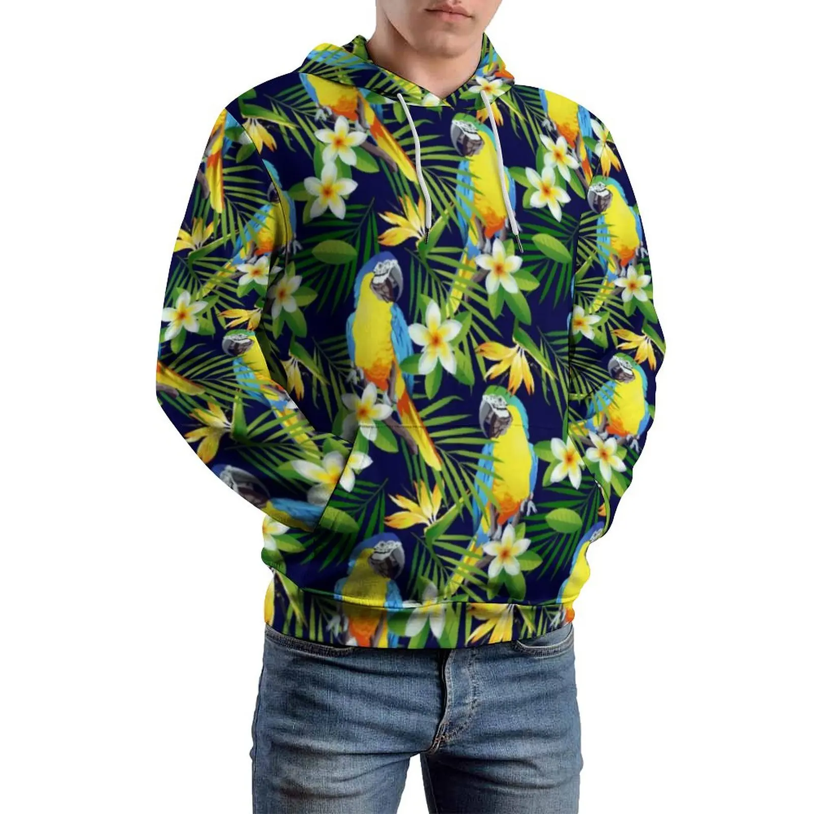 

Parrots And Hibiscus Loose Hoodies Tropical Birds Print Retro Pullover Hoodie Men Long Sleeve Oversized Fashion Design Clothing