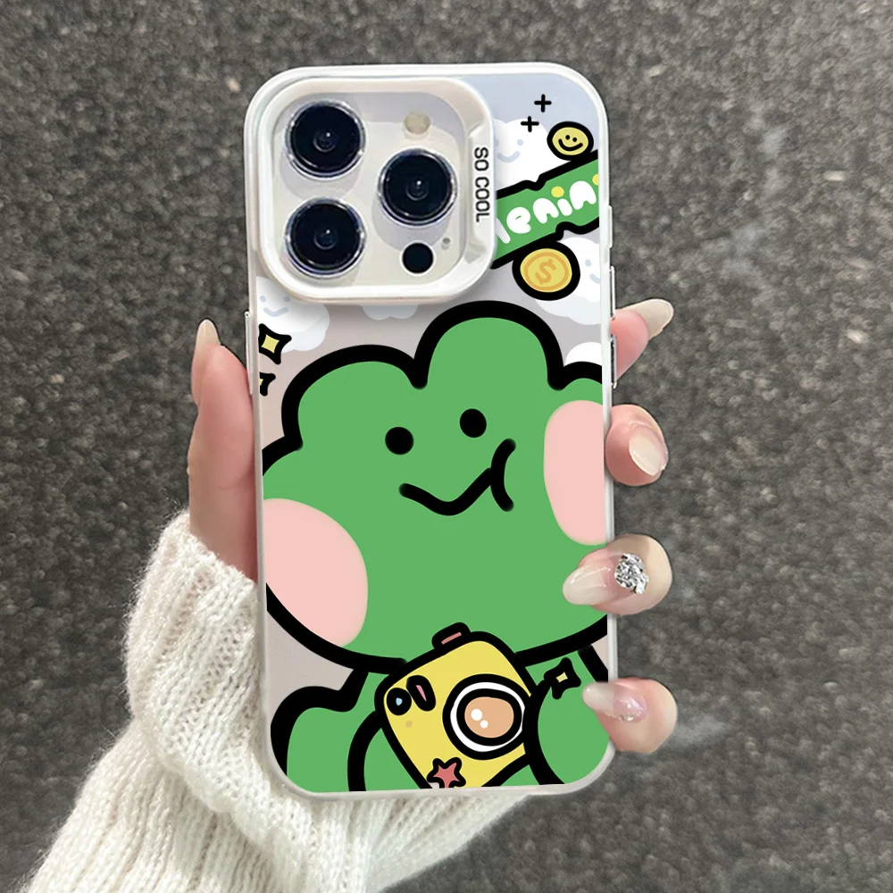 Selfie full screen frog Phone Case For iphone11 12 13 14 15 16 Pro Max Plus  fashion laser colorful silver IMD cover