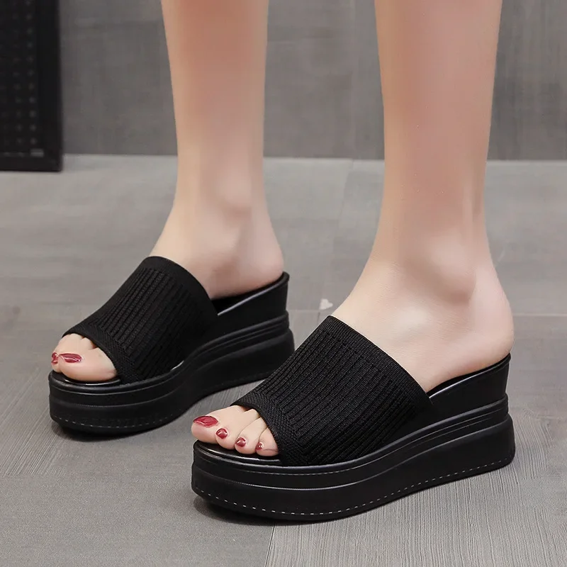 Women Slippers  New Summer Wedge Thick Heel Sexy Square Toe Dress Party Shoes High Heels Knitting Casual Pumps